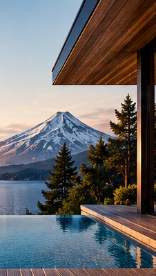 Piscina de borde infinito frente a un volcán al atardecer