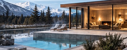 Piscina Kyukei Nordik climatizada en entorno nevado