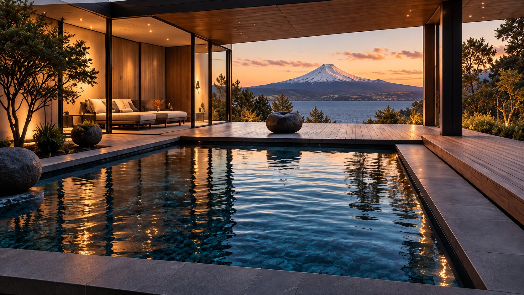 Piscina Kyukei Shizen con deck de madera, piedras y vista al volcán